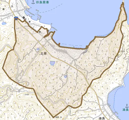 大字土居とその周辺の地図。町の範囲を重ねている