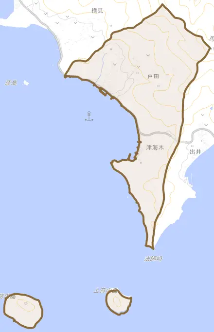 大字戸田とその周辺の地図。町の範囲を重ねている