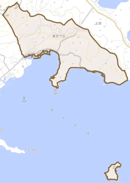 大字東安下庄とその周辺の地図。町の範囲を重ねている