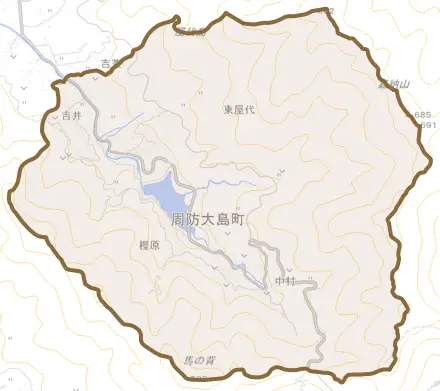 大字東屋代とその周辺の地図。町の範囲を重ねている