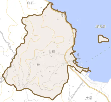 大字日前とその周辺の地図。町の範囲を重ねている