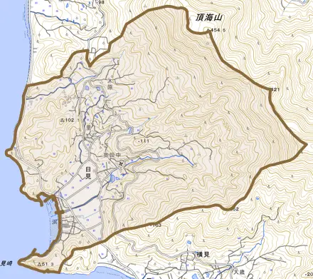大字日見とその周辺の地図。町の範囲を重ねている