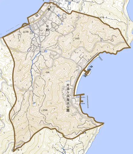 大字平野とその周辺の地図。町の範囲を重ねている
