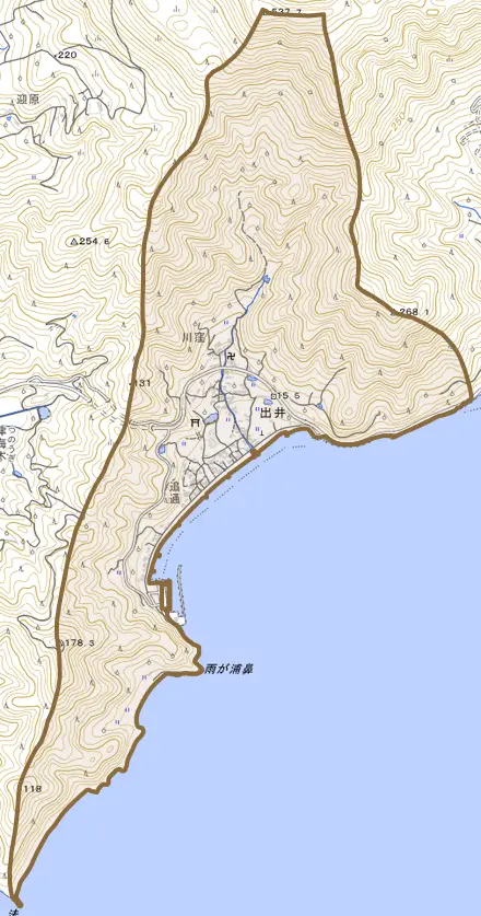 大字出井とその周辺の地図。町の範囲を重ねている