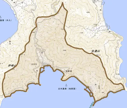 大字地家室とその周辺の地図。町の範囲を重ねている