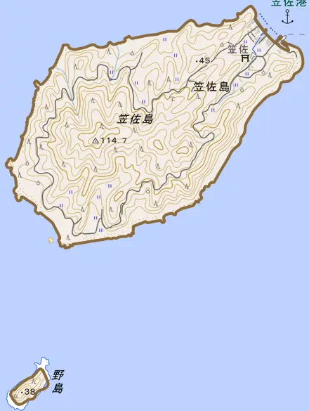 大字笠佐島とその周辺の地図。町の範囲を重ねている