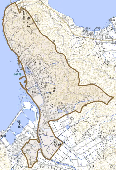 大字小松とその周辺の地図。町の範囲を重ねている