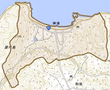 大字神浦とその周辺の地図。町の範囲を重ねている