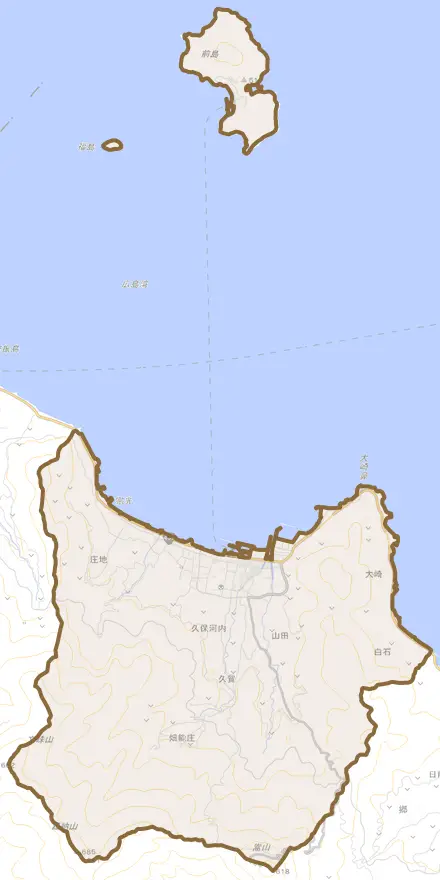 大字久賀とその周辺の地図。町の範囲を重ねている