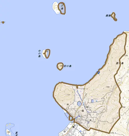 大字森とその周辺の地図。町の範囲を重ねている