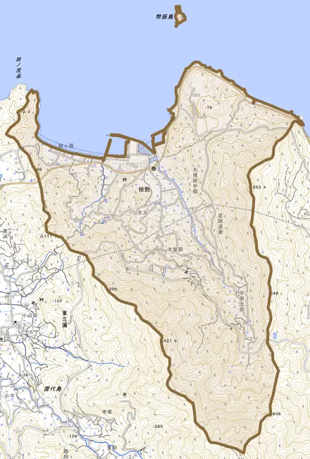 大字椋野とその周辺の地図。町の範囲を重ねている