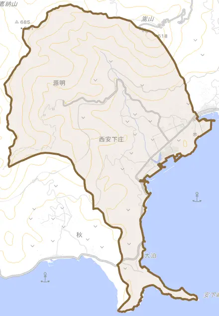 大字西安下庄とその周辺の地図。町の範囲を重ねている