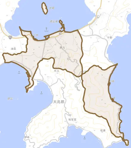 大字西方とその周辺の地図。町の範囲を重ねている