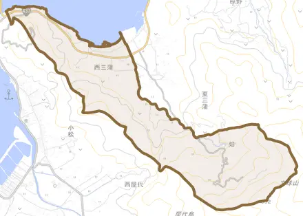 大字西三蒲とその周辺の地図。町の範囲を重ねている
