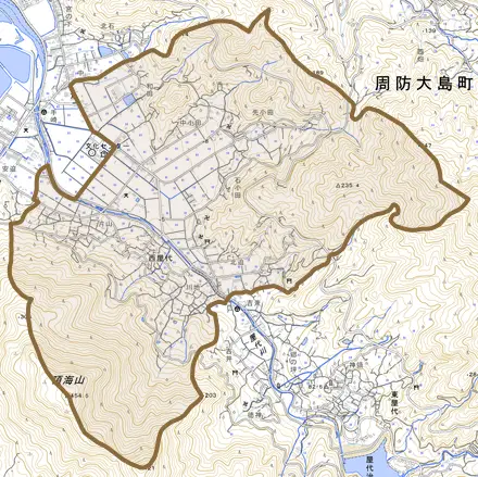 大字西屋代とその周辺の地図。町の範囲を重ねている