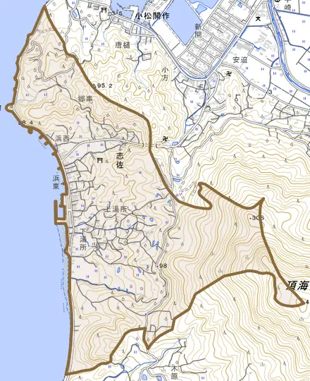 大字志佐とその周辺の地図。町の範囲を重ねている