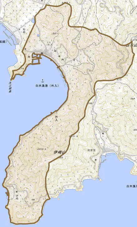 大字外入とその周辺の地図。町の範囲を重ねている