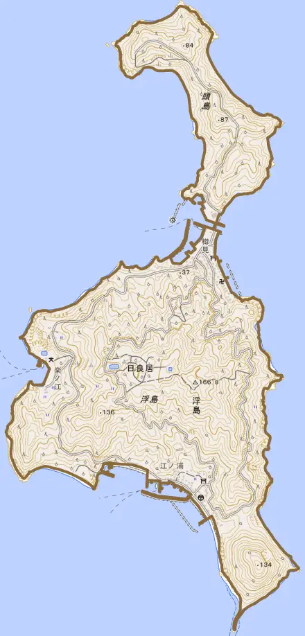 大字浮島とその周辺の地図。町の範囲を重ねている