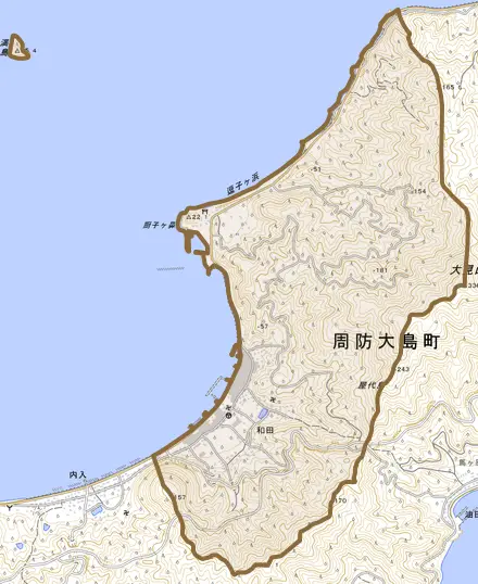 大字和田とその周辺の地図。町の範囲を重ねている