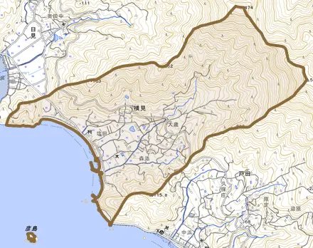 大字横見とその周辺の地図。町の範囲を重ねている