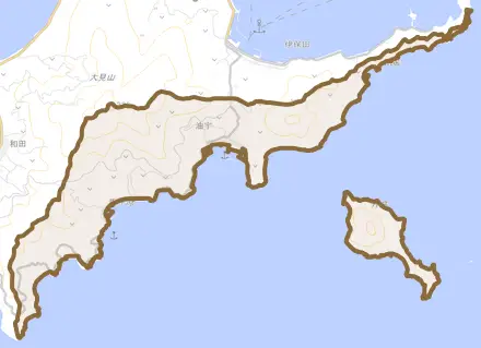 大字油宇とその周辺の地図。町の範囲を重ねている