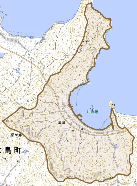 大字油良とその周辺の地図。町の範囲を重ねている