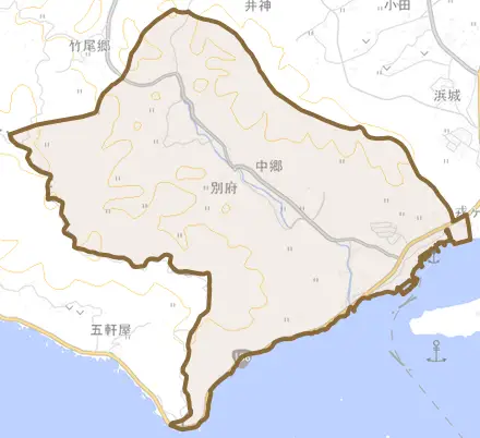 大字別府とその周辺の地図。町の範囲を重ねている
