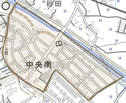 中央南とその周辺の地図。町の範囲を重ねている