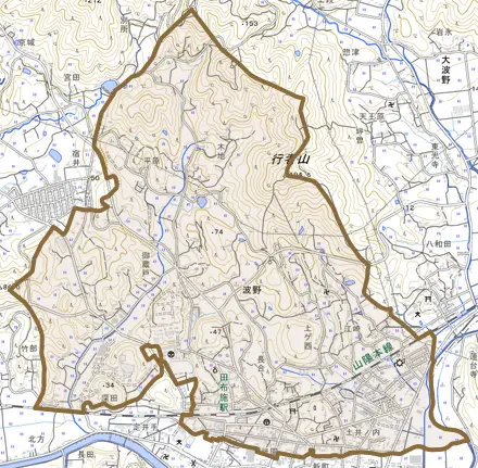 大字波野とその周辺の地図。町の範囲を重ねている