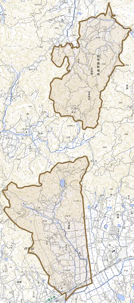 大字大波野とその周辺の地図。町の範囲を重ねている