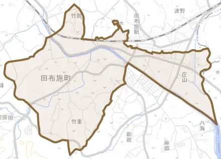 大字下田布施とその周辺の地図。町の範囲を重ねている