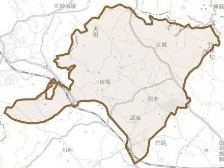 大字宿井とその周辺の地図。町の範囲を重ねている