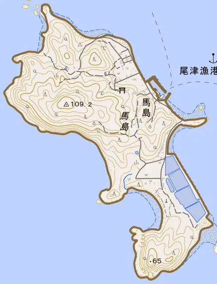 大字馬島とその周辺の地図。町の範囲を重ねている