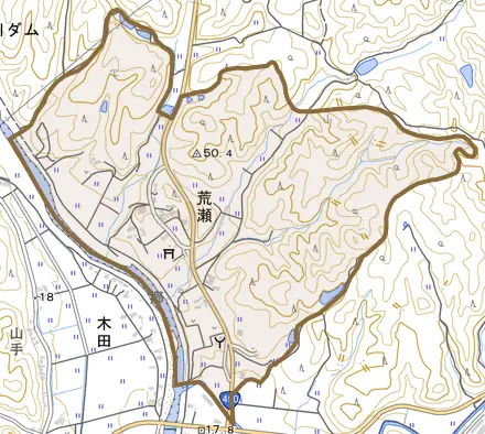 大字荒瀬とその周辺の地図。町の範囲を重ねている
