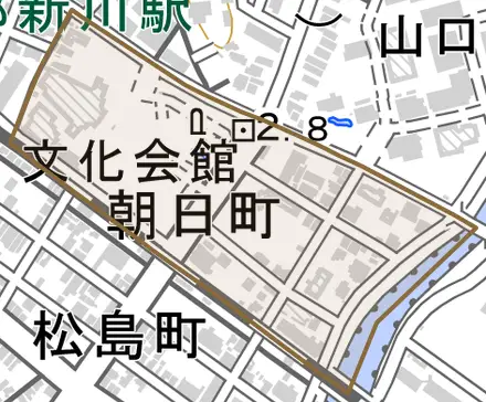 朝日町とその周辺の地図。町の範囲を重ねている