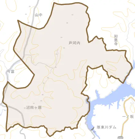 大字芦河内とその周辺の地図。町の範囲を重ねている