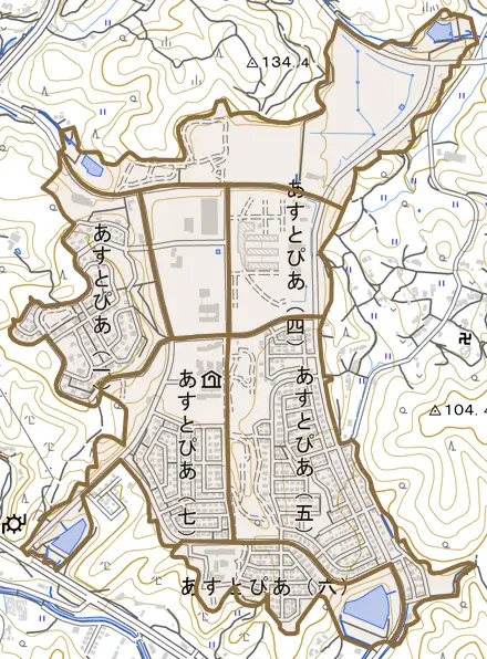 あすとぴあとその周辺の地図。町の範囲を重ねている
