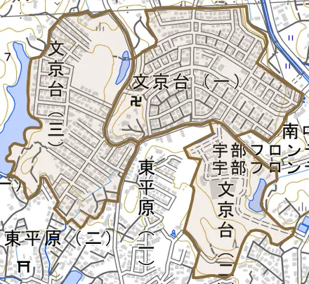 文京台とその周辺の地図。町の範囲を重ねている