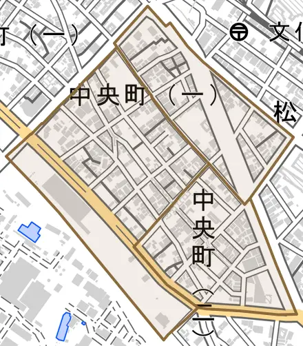 中央町とその周辺の地図。町の範囲を重ねている