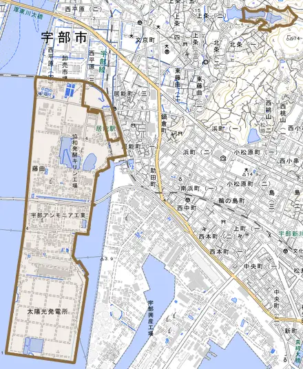 大字藤曲とその周辺の地図。町の範囲を重ねている