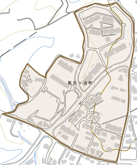 風呂ヶ迫町とその周辺の地図。町の範囲を重ねている