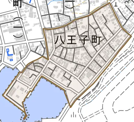 八王子町とその周辺の地図。町の範囲を重ねている