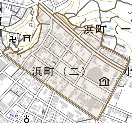 浜町とその周辺の地図。町の範囲を重ねている
