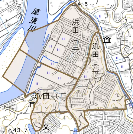 浜田とその周辺の地図。町の範囲を重ねている