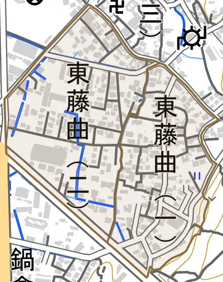 東藤曲とその周辺の地図。町の範囲を重ねている