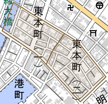東本町とその周辺の地図。町の範囲を重ねている