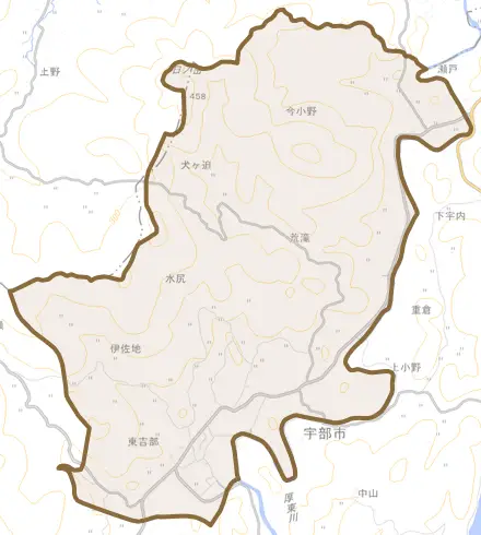 大字東吉部とその周辺の地図。町の範囲を重ねている