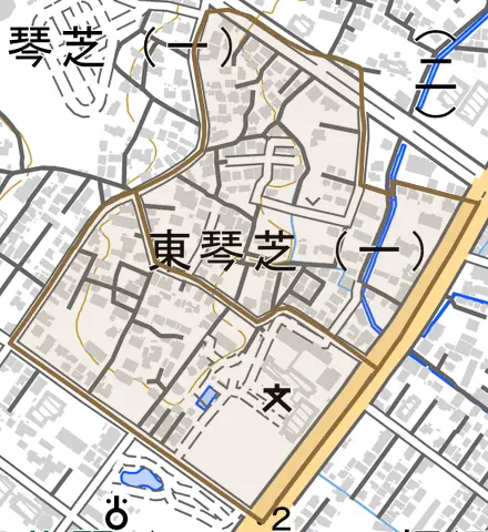 東琴芝とその周辺の地図。町の範囲を重ねている