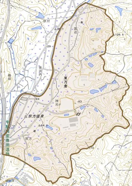 大字東万倉とその周辺の地図。町の範囲を重ねている