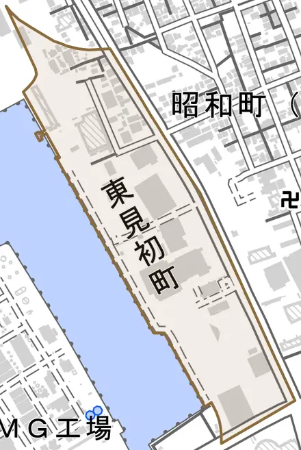 東見初町とその周辺の地図。町の範囲を重ねている